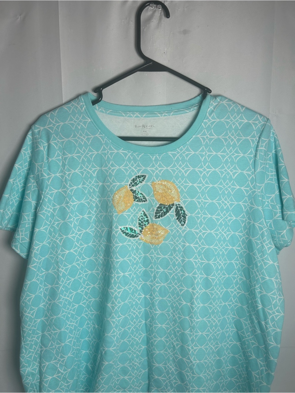 Kim Rogers Aqua Short Sleeve Top with Lemon Embroidery